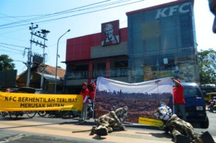 It's a wrap: Two activists wearing Sumatran tiger costumes protest at a KFC fast food restaurant on Jl. Pandanaran, Semarang, Central Java on Saturday, calling on KFC to stop using food-wrapping paper produced by a company accused of being responsible for deforestation in Indonesia. (JP/Ainur Rohmah)