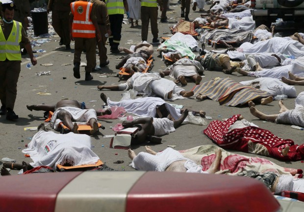 Bodies of people who died in a crush in Mina, Saudi Arabia during the annual hajj pilgrimage. The crush happened in Mina, a large valley about five kilometers (three miles) from the holy city of Mecca that has been the site of hajj stampedes in years past. (AP Photo)  