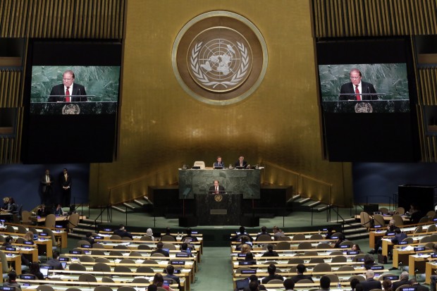 Pakistan's Prime Minister Muhammad Nawaz Sharif addresses the 70th session of the United Nations General Assembly, at U.N. Headquarters, Wednesday, Sept. 30, 2015. (AP Photo/Richard Drew)