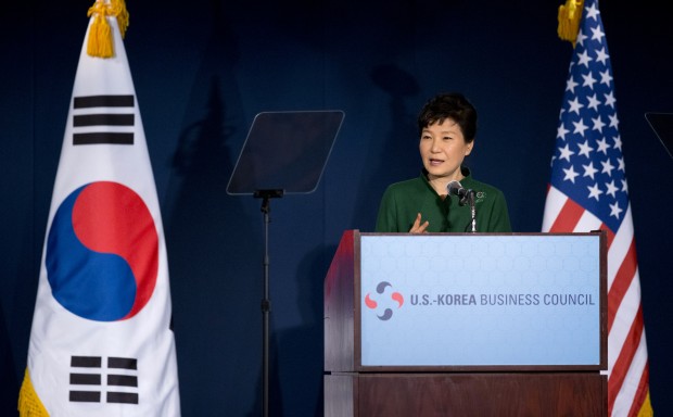 South Korean President Park Geun-hye speaks to the U.S. Chamber of Commerce and the U.S.-Korea Business Council annual meeting in Washington, Thursday, Oct. 15, 2015. (AP Photo/Manuel Balce Ceneta) 