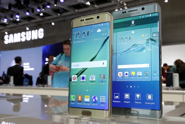 Galaxy S6 Edge+ smartphones of the electronic company Samsung are displayed after a press conference at the company's stand at the IFA 2015 tech fair in Berlin, Germany, Thursday, Sept. 3, 2015. (AP Photo/Michael Sohn  