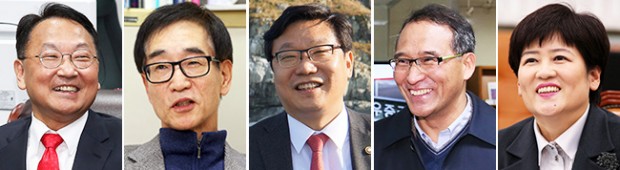 From left are Finance Minister nominee Yoo Il-ho; Education Minister nominee Lee Joon-sik; Trade, Industry and Energy Minister nominee Joo Hyung-hwan; Interior Minister nominee Hong Yun-sik; and Gender Equality and Family Minister nominee Kang Eun-hee. (Yonhap)
