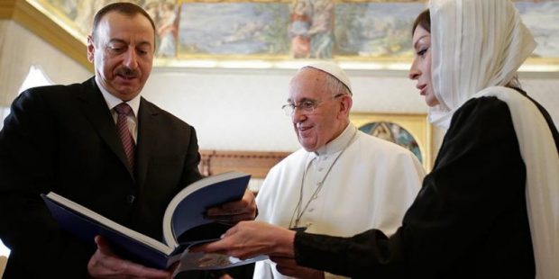 Pope Francis with Ilham Aliyev, the president of Azerbaijan and first lady Mehriban Aliyeva during his visit to Azerbaijan in October 2016.