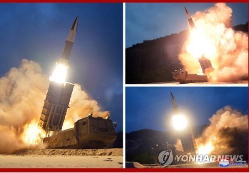 This composite photo, released by the North's Korean Central News Agency on Aug. 11, 2019, shows the test-firing of missiles, one day after their launch from the eastern North Korean coastal city of Hamhung (Yonhap) 