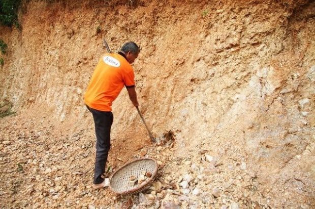 Khong Thi Bien’s son digs for soil at the mountain behind their house