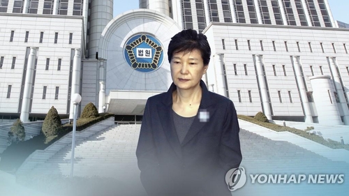 The edited image provided by Yonhap News TV shows former President Park Geun-hye against the background of the Supreme Court in Seoul. (Yonhap)