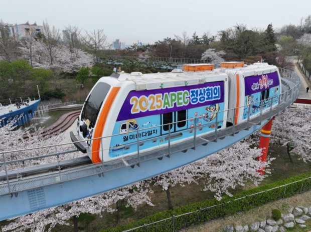 On April 8, 2024, Incheon Transportation Corporation's Wolmi Sea Train is running along the cherry blossom road to promote the Incheon Kindergarten Center for the 2025 APEC Summit at Wolmi Park in Jung-gu, Incheon (Photo by Yonhap News)