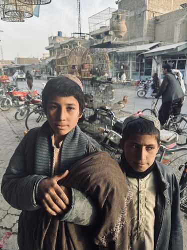 Boys begging in the market. In the cage in the back, sick birds are waiting for a new owner.