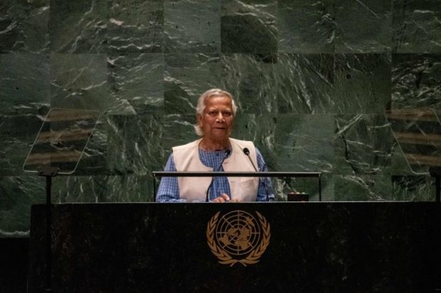 [8:51 AM, 10/23/2024] Joohyeong Lee: Muhammad Yunus, Chief Adviser of the interim Government of the People's Republic of Bangladesh, speaks during the United Nations General Assembly (UNGA) at the United Nations headquarters on September 27, 2024 in New York City. (Photo : AFP / Yonhap)