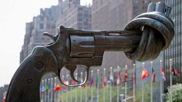 Non-Violence, also known as the Knotted Gun sculpture, outside the UN Headquarters in New York. (UN photo)